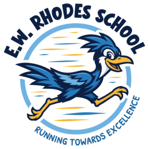 E.W. Rhodes School logo featuring a blue and gold roadrunner and the motto “Running Towards Excellence.”